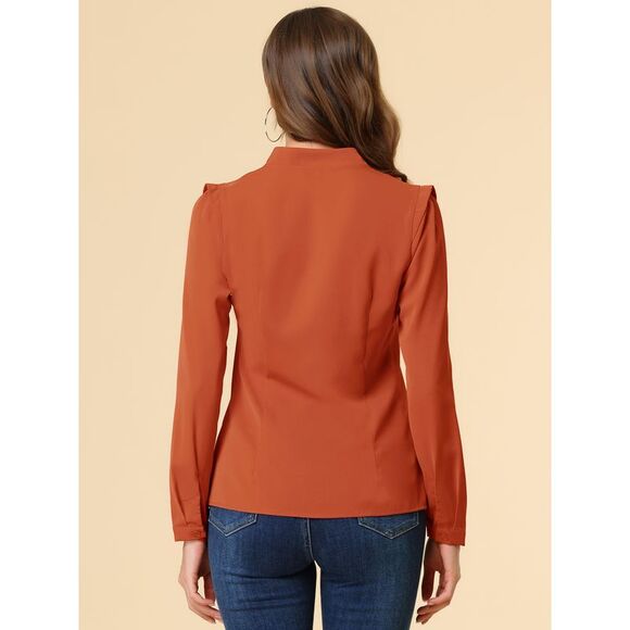 Blouse Button Up Long Sleeve V Neck Chiffon Shirt Orange Brown - Picture 5 of 6